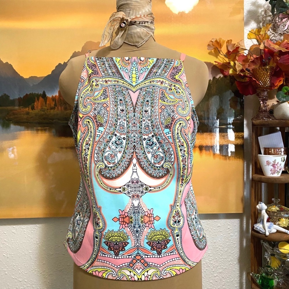 Bisou Bisou Halter Top Boho Paisley Print Women M Pink Blue Sleeveless Tie Back